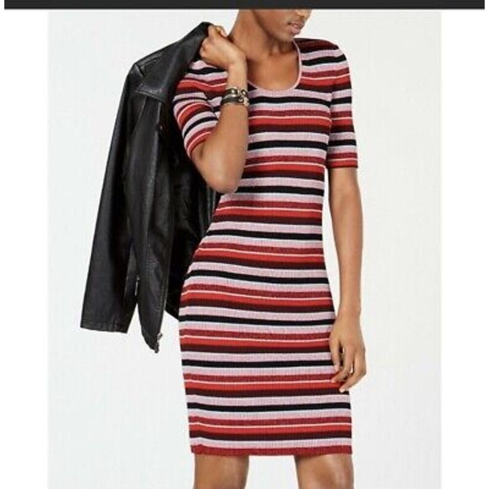 NWT Bar III Womens Striped Maxi Dress Size L pink metallic stripes 1/2 sleeve